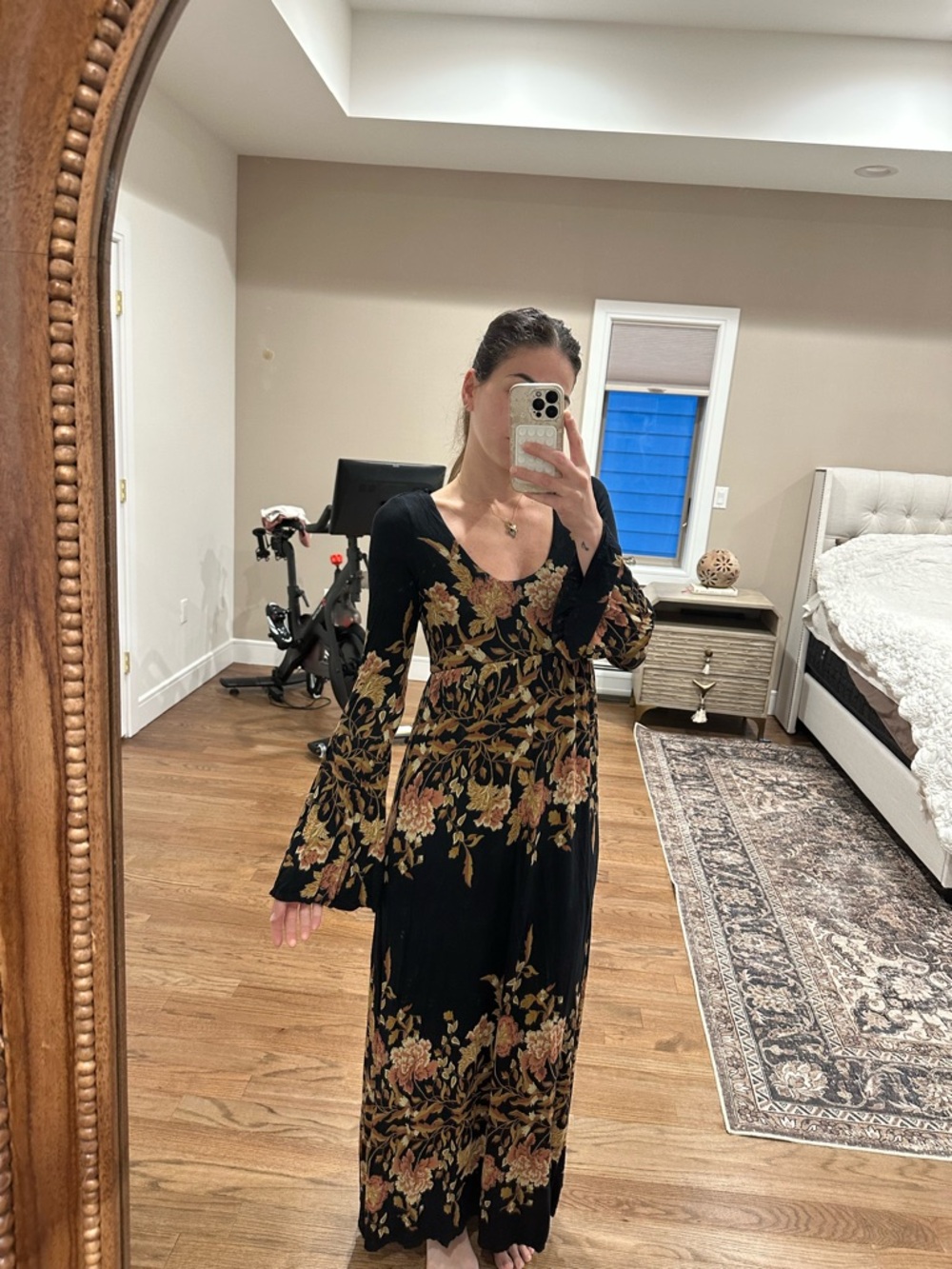 Free people Black Floral Maxi Dress with Bell Sleeves